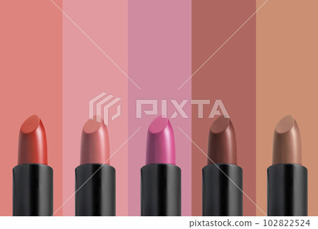 Set of colorful lipsticks on color background, professional makeup and beauty concept Set of colorful lipsticks on color background, professional makeup and beauty concept 102822524
