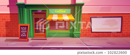 Cartoon city cafe with green retro facade Cartoon city cafe with green retro facade 102822600