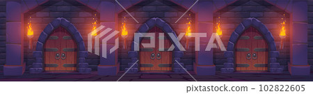 Cartoon medieval castle dangeon with wooden doors Cartoon medieval castle dangeon with wooden doors 102822605
