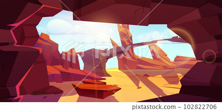 Ancient mountain cave exit lit by bright sunlight Ancient mountain cave exit lit by bright sunlight 102822706