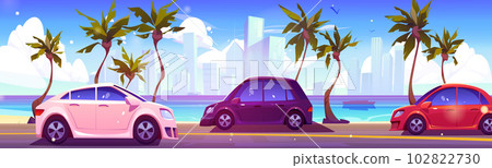 Car drive on road near sea with skyscrapper view Car drive on road near sea with skyscrapper view 102822730