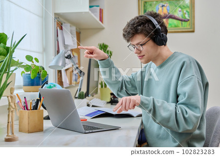 Teenage male student having video conference, talking looking at webcam on laptop Teenage male student having video conference, talking looking at webcam on laptop 102823283