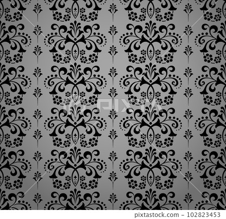 Wallpaper in the style of Baroque. Seamless vector background. Black and gray floral ornament. Graphic pattern for fabric, wallpaper, packaging. Ornate Damask flower ornament Wallpaper in the style of Baroque. Seamless vector background. Black and gray floral ornament. Graphic pattern for fabric, wallpaper, packaging. Ornate Damask flower ornament 102823453