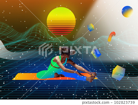 Sportive girl wearing vr glasses and training, stretching against colorful background with abstract elements. Contemporary art collage. Sportive girl wearing vr glasses and training, stretching against colorful background with abstract elements. Contemporary art collage. 102823739