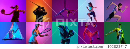 Collage made of different people in motion, training, doing various kind of sports against multicolored background in neon light 102823747