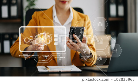 Woman using chat bot in smartphone intelligence Ai. Chat with AI Artificial Intelligence, developed by OpenAI generate. robot in online system. in modern office. 102823963