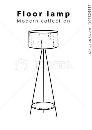 Floor lamp on three legs for the living room, hand-drawn in different sizes and types, doodle sketches, modern and vintage Floor lamp on three legs for the living room, hand-drawn in different sizes and types, doodle sketches, modern and vintage 102824315