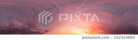 Sunset sky panorama with bright glowing pink Cumulus clouds. HDR 360 seamless spherical panorama. Full zenith or sky dome in 3D, sky replacement for aerial drone panoramas. Climate and weather change. 102824660