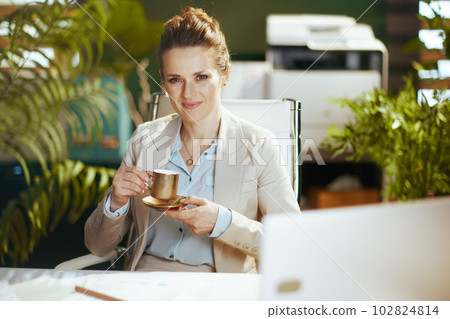 happy modern small business owner woman in modern green office 102824814