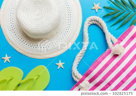 Summer vacation concept flat lay. beach accessories and towel top view. Space for text. travel concept Summer vacation concept flat lay. beach accessories and towel top view. Space for text. travel concept 102825175