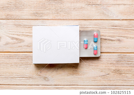 Blank White Product Package Box Mock-up. Open blank medicine drug box with blister top view Blank White Product Package Box Mock-up. Open blank medicine drug box with blister top view 102825515