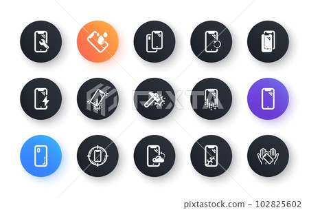 Smartphone protection icons. Tempered glass, screen protector and water resistant. Phone cover, display glass protection and shockproof device icons. Classic set. Circle web buttons. Vector Smartphone protection icons. Tempered glass, screen protector and water resistant. Phone cover, display glass protection and shockproof device icons. Classic set. Circle web buttons. Vector 102825602