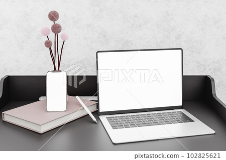 Modern laptop and smartphone placed on table. 3d render 102825621