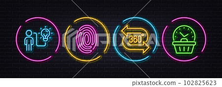 360 degree, Fingerprint and Business idea minimal line icons. Neon laser 3d lights. Last minute icons. For web, application, printing. Virtual reality, Finger identify, Work planning. Vector 360 degree, Fingerprint and Business idea minimal line icons. Neon laser 3d lights. Last minute icons. For web, application, printing. Virtual reality, Finger identify, Work planning. Vector 102825623