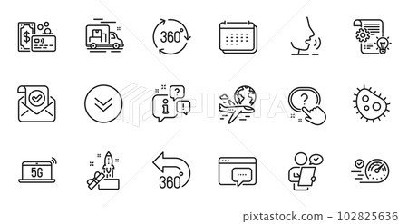 Outline set of Bacteria, Calendar and Cogwheel line icons for web application. Talk, information, delivery truck outline icon. Include International flight, Innovation, Customer survey icons. Vector 102825636