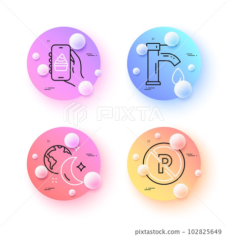 No parking, Food app and Tap water minimal line icons. 3d spheres or balls buttons. Sleep icons. For web, application, printing. Car park, Smartphone cake, Faucet. World and moon. Vector 102825649