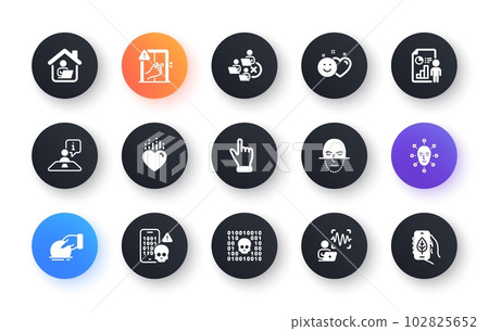 Minimal set of Interview, Donate and Click hand flat icons for web development. Cyber attack, Voice wave, Smile icons. Face biometrics, Face recognition, Heart web elements. Binary code. Vector Minimal set of Interview, Donate and Click hand flat icons for web development. Cyber attack, Voice wave, Smile icons. Face biometrics, Face recognition, Heart web elements. Binary code. Vector 102825652