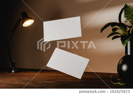 Two business cards floating on wooden rustic table. Template for branding. 3d render Two business cards floating on wooden rustic table. Template for branding. 3d render 102825653