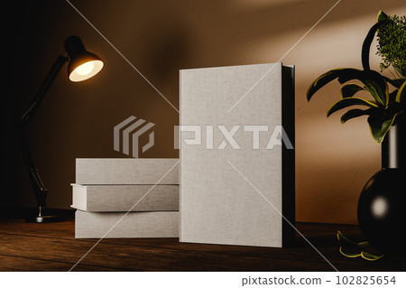 Hard cover book mock up on wooden table with three books lying behind. Night interior with lamp and plant. 3D rendering 102825654