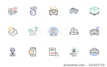 Destination flag, Lighthouse and Flight mode line icons for website, printing. Collection of Car wash, Taxi, Shipping support icons. Delivery box, Parcel invoice, Tractor web elements. Vector Destination flag, Lighthouse and Flight mode line icons for website, printing. Collection of Car wash, Taxi, Shipping support icons. Delivery box, Parcel invoice, Tractor web elements. Vector 102825729