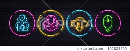 Clothing, Cloud download and Family insurance minimal line icons. Neon laser 3d lights. Scroll down icons. For web, application, printing. Donate shirt, File storage, Risk coverage. Vector 102825733