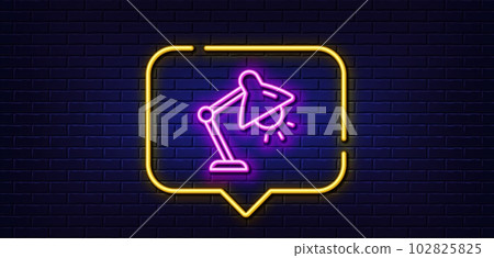 Neon light speech bubble. Table lamp line icon. Bedside light sign. Interior illuminate symbol. Neon light background. Table lamp glow line. Brick wall banner. Vector 102825825