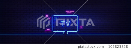 Neon light glow effect. TV line icon. Television sign. Hotel service symbol. 3d line neon glow icon. Brick wall banner. Tv outline. Vector 102825828