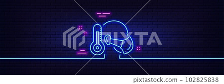 Neon light glow effect. Sick man with medical mask line icon. Safety respiratory mask sign. Coronavirus face protection symbol. 3d line neon glow icon. Brick wall banner. Sick man outline. Vector Neon light glow effect. Sick man with medical mask line icon. Safety respiratory mask sign. Coronavirus face protection symbol. 3d line neon glow icon. Brick wall banner. Sick man outline. Vector 102825838