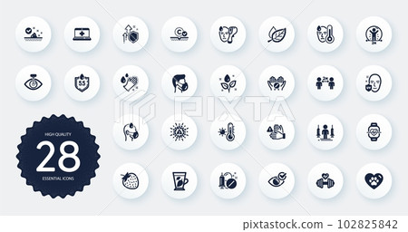 Set of Healthcare icons, such as Coronavirus injections, Mint leaves and Sick man flat icons. Medical drugs, Medical help, Uv protection web elements. Improving safety, Strawberry. Vector 102825842