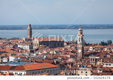 Aerial view of the campanile of the church of San Apostoli in Venice Aerial view of the campanile of the church of San Apostoli in Venice 102826179