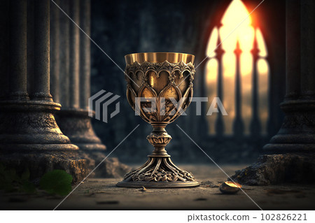 Golden chalice of wine on blurred sunlight curch background. Generative AI. Golden chalice of wine on blurred sunlight curch background. Generative AI. 102826221