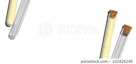 Sulfur Powder in test tube with cork cap. Closeup chemical ingredient on white laboratory table. Top View 102826246