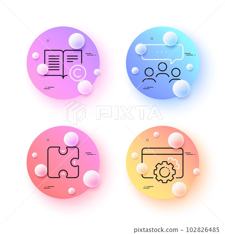 Meeting, Puzzle and Copyright minimal line icons. 3d spheres or balls buttons. Seo gear icons. For web, application, printing. Team business, Puzzle piece, Copywriting book. Settings. Vector Meeting, Puzzle and Copyright minimal line icons. 3d spheres or balls buttons. Seo gear icons. For web, application, printing. Team business, Puzzle piece, Copywriting book. Settings. Vector 102826485