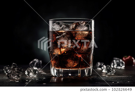 Glasse of cola with ice cubes on a black background Glasse of cola with ice cubes on a black background 102826649