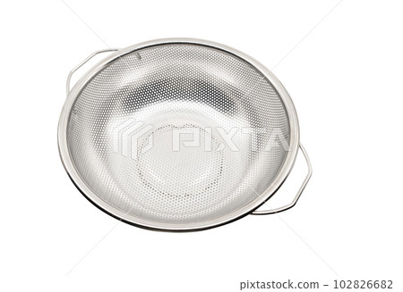 Isolated stainless steel colander on white background. Empty stainless steel colander, 45-angle view from above. 102826682