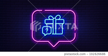 Neon light speech bubble. Secret gift line icon. Unknown present box sign. Question mark symbol. Neon light background. Secret gift glow line. Brick wall banner. Vector Neon light speech bubble. Secret gift line icon. Unknown present box sign. Question mark symbol. Neon light background. Secret gift glow line. Brick wall banner. Vector 102826686