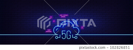 Neon light glow effect. 5g cloud computing line icon. Wireless technology sign. Mobile wifi internet symbol. 3d line neon glow icon. Brick wall banner. 5g cloud outline. Vector 102826851