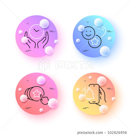 Hold heart, Alarm clock and Smile minimal line icons. 3d spheres or balls buttons. Safe time icons. For web, application, printing. Love brand, Phone alarm, Social media likes. Hold clock. Vector 102826956