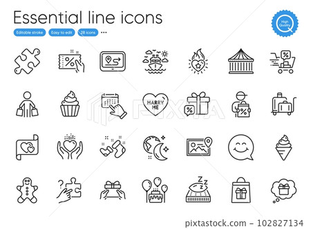 Search puzzle, Marry me and Smile face line icons. Collection of Ice cream, Cupcake, Mattress icons. Santa boots, Heart flame, Discount coupon web elements. Gift dream, Holidays shopping. Vector Search puzzle, Marry me and Smile face line icons. Collection of Ice cream, Cupcake, Mattress icons. Santa boots, Heart flame, Discount coupon web elements. Gift dream, Holidays shopping. Vector 102827134