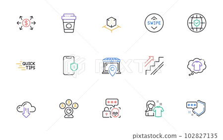 Swipe up, Shield and Global insurance line icons for website, printing. Collection of Video conference, Education, Takeaway coffee icons. Cyber attack, Stairs, Clean shirt web elements. Vector Swipe up, Shield and Global insurance line icons for website, printing. Collection of Video conference, Education, Takeaway coffee icons. Cyber attack, Stairs, Clean shirt web elements. Vector 102827135