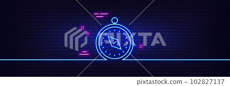 Neon light glow effect. Travel compass line icon. Trip sign. Holidays symbol. 3d line neon glow icon. Brick wall banner. Travel compass outline. Vector Neon light glow effect. Travel compass line icon. Trip sign. Holidays symbol. 3d line neon glow icon. Brick wall banner. Travel compass outline. Vector 102827137