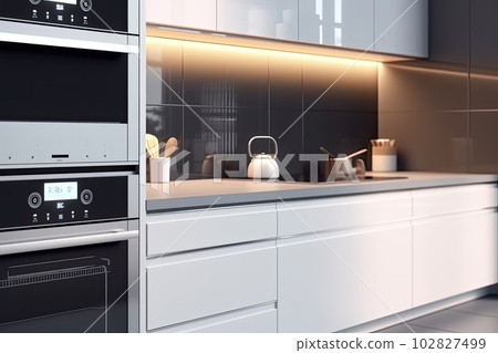 Smart kitchen in the modern home. Remote home control system. Generative AI 102827499