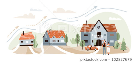 Real estate vector illustration. Concept of increase in living space step by step for family. Growth infographic banner background with arrow, people, house 102827679