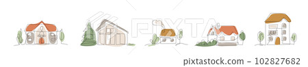 House in continuous line art drawing style with organic color shapes, vector collection illustration. Residential building set for logo, symbol, construction. Isolated on white background 102827682