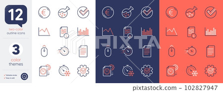 Set of Manual, Project deadline and Cogwheel line icons. Include File, Swipe up, Line chart icons. Verify, Bar diagram, Freezing timer web elements. Timer, Chemistry lab, Euro money. Read file. Vector 102827947