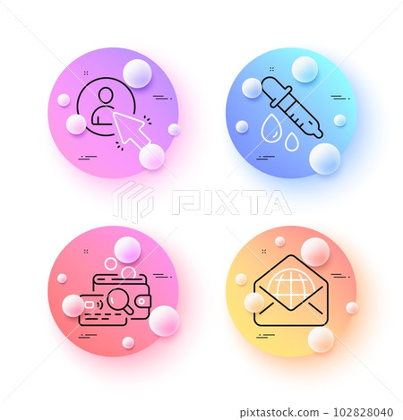 User, Web mail and Chemistry pipette minimal line icons. 3d spheres or balls buttons. Inspect icons. For web, application, printing. Project manager, World communication, Laboratory. Vector 102828040