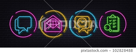 Clock, Talk bubble and Web mail minimal line icons. Neon laser 3d lights. Inspect icons. For web, application, printing. Time, Chat message, World communication. Research list. Vector Clock, Talk bubble and Web mail minimal line icons. Neon laser 3d lights. Inspect icons. For web, application, printing. Time, Chat message, World communication. Research list. Vector 102828488
