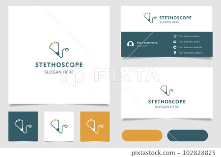Stethoscope logo design with editable slogan. Branding book and business card template. 102828825