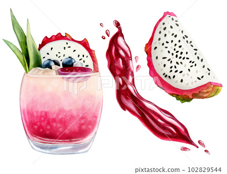 Watercolor red dragon fruit juice splashes and blots, pitaya slice and iced limonade illustration set. Juicy splatters 102829544