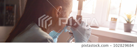 Asian woman lab assistantlooks into microscope at sample sitting near window in hospital Asian woman lab assistantlooks into microscope at sample sitting near window in hospital 102829684